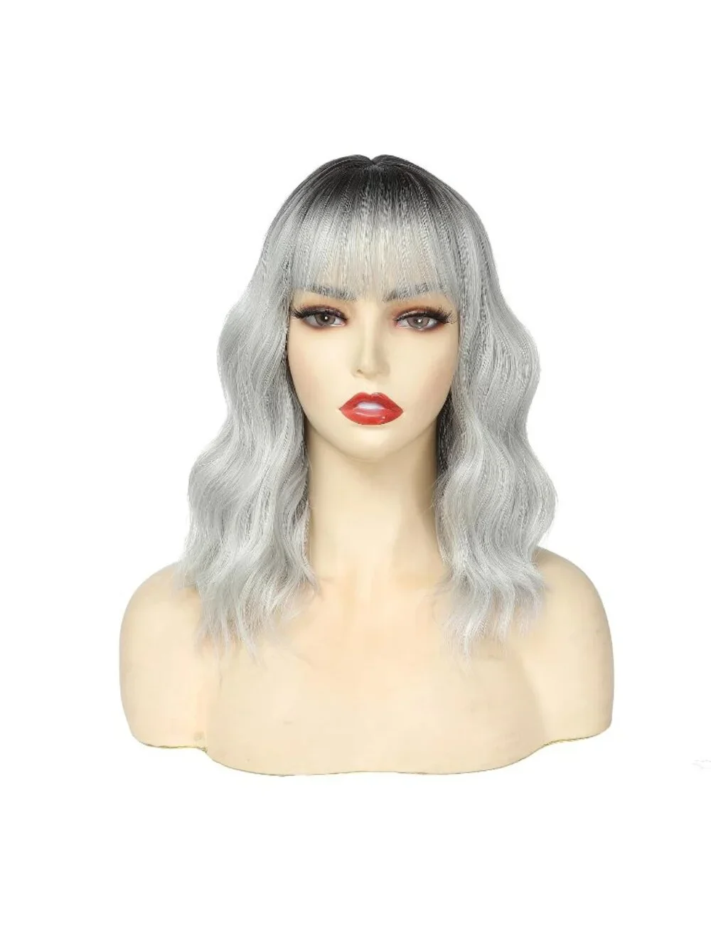 Women's Ombre Grey 14 Inch Heat Resistant Short Wavy Hair Pastel Bob Wig Bangs